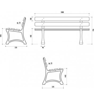 Banc public extérieur en bois 5 lames arrondies