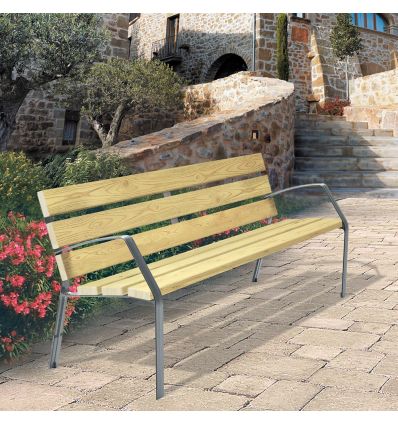 Banc public extérieur en bois pour senior et PMR