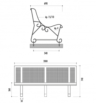 Banc public exterieur en métal perforé trous carrés