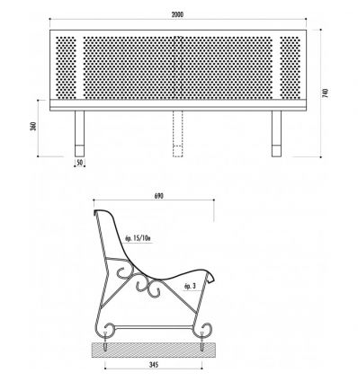 Banc public exterieur en métal perforé trous ronds