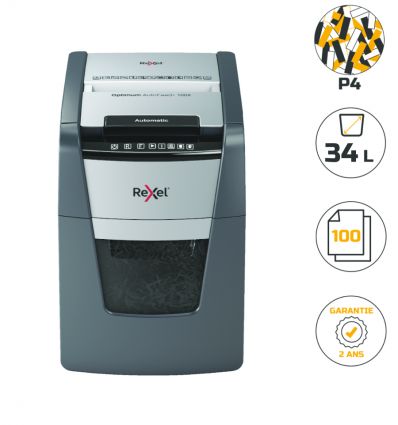 Destructeur de documents auto coupe croisée P4 100 feuilles 34 L Rexel Optimum AutoFeed+ 100X