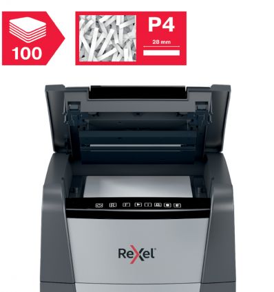 Destructeur de documents auto coupe croisée P4 100 feuilles 34 L Rexel Optimum AutoFeed+ 100X