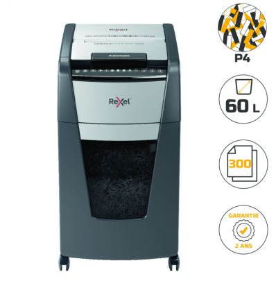 Destructeur de documents auto coupe croisée P4 300 feuilles 60 L Rexel Optimum AutoFeed+ 300X