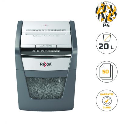 Destructeur de documents auto coupe croisée P4 50 feuilles 20 L Rexel Optimum AutoFeed+ 50X