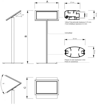 Porte menu sur pied en alu noir 2 x A4
