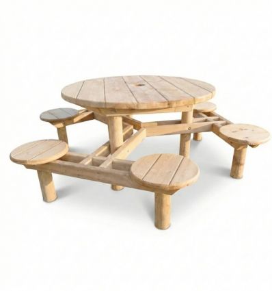 Table de pique nique ronde en bois brut
