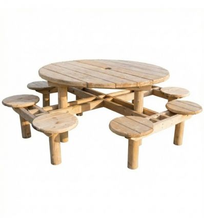 Table de pique nique ronde en bois brut