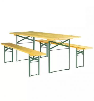 Table et bancs de brasserie pliante bois piétement arrondi ou cornière
