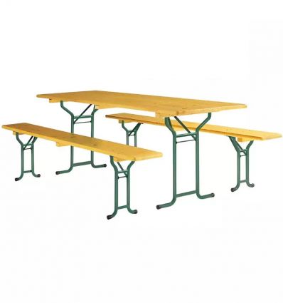 Table et bancs de brasserie pliante bois piétement arrondi ou cornière