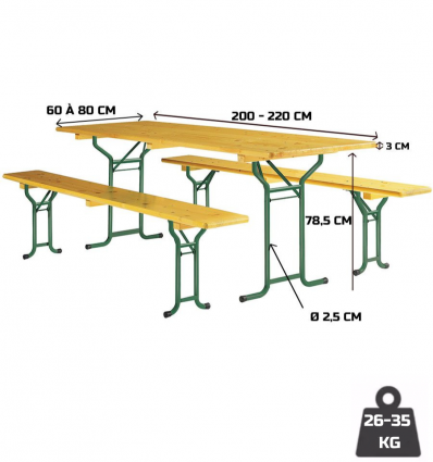 Table et bancs de brasserie pliante bois piétement arrondi ou cornière