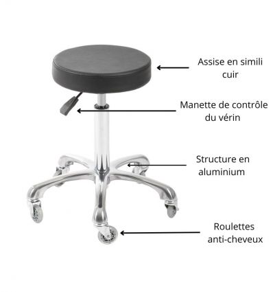 Tabouret Coiffeur à Roulettes Anti-Cheveux Noir